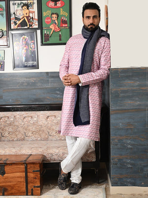 Rajwada Pink Embroidered Silk Blend Traditional Kurta Set For Men