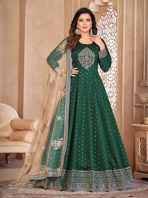 Rajwada Green Tafeta Embroidered Semi stitched Kurta Set For Women
