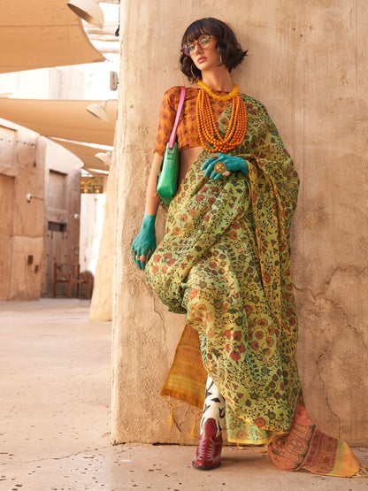 Rajwada Green Tissue Printed Saree With Unstitched Blouse For Women