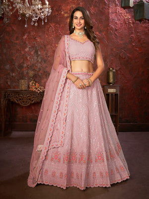 Rajwada Pink Georgette Embellished Semi Stitched Lehenga With Unstitched Blouse for Women