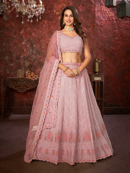 Rajwada Pink Georgette Embellished Semi Stitched Lehenga With Unstitched Blouse for Women