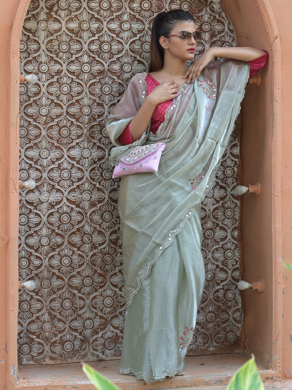 Rajwada Light Green Mirror Work Embroidered Saree with Unstitched Blouse for Women
