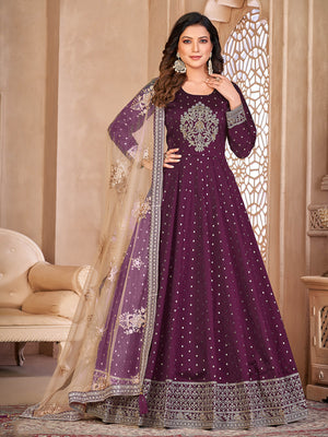 Rajwada Purple Tafeta Embroidered Semi stitched Kurta Set  For Women