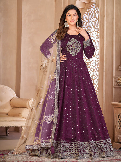 Rajwada Purple Tafeta Embroidered Semi stitched Kurta Set  For Women