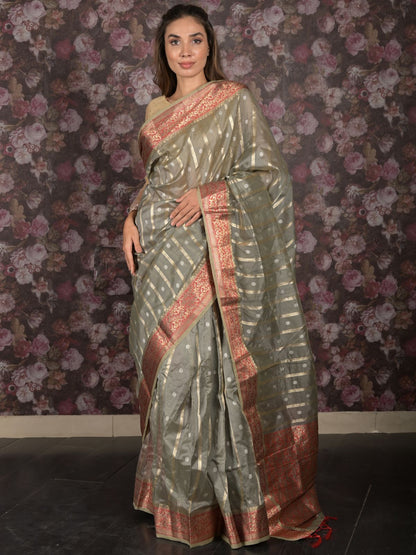 Rajwada Grey Silk Blend Woven Saree with Unstitched Blouse for Women