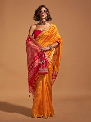 Rajwada Yellow Silk Blend Woven Saree With Unstitched Blouse For Women