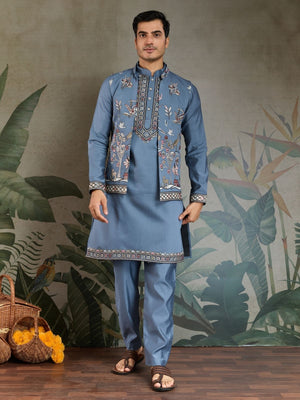 Rajwada Blue Viscose Silk Embroidered Stitched Kurta Set For Men
