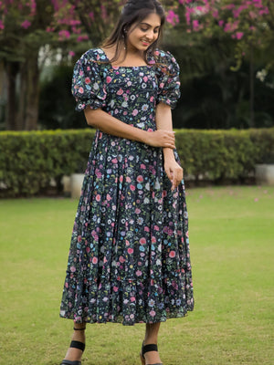 Rajwada Black Georgette Stitched Floral Printed Indo Western Dress For Women