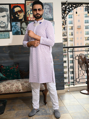 Rajwada Mauve Embroidered Cotton Kurta Set For Men