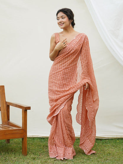 Rajwada Peach Georgette Embroidered Saree With Unstitched Blouse For Women