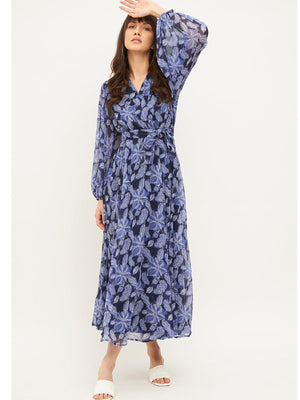 Rajwada Blue Rayon Stitched Printed Indo Western Dress For Women