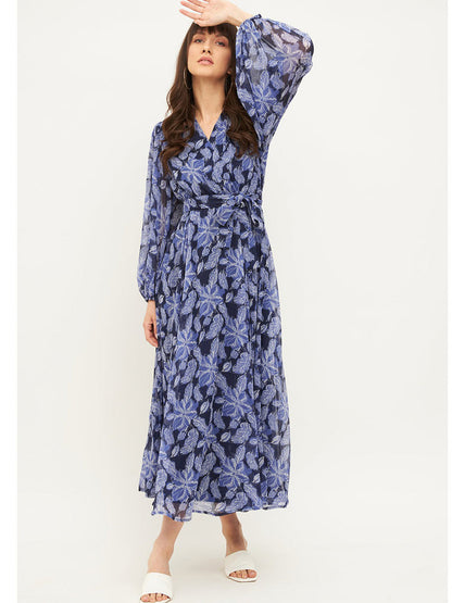 Rajwada Blue Rayon Stitched Printed Indo Western Dress For Women