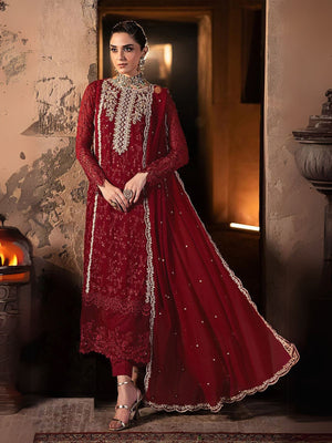 Rajwada Red Georgette Embroidered Semi-Stitched Kurta Set For Women