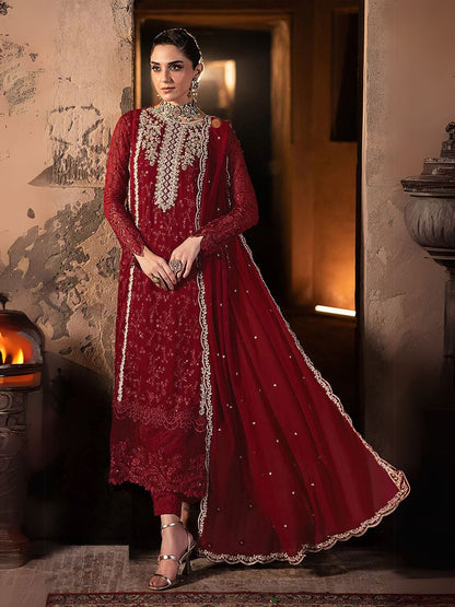 Rajwada Red Georgette Embroidered Semi-Stitched Kurta Set For Women