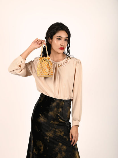 Rajwada Mustard Suede Embellished Potli For Women
