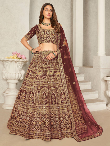 Rajwada Maroon Organza Blend Embroidered Semi Stitched Lehenga With Unstitched Blouse for Women