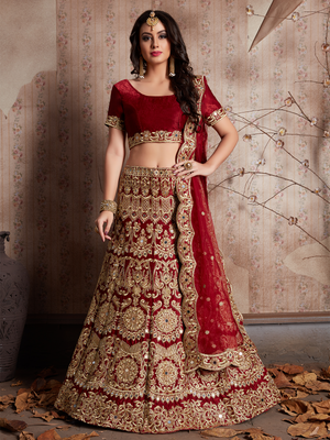 Rajwada Women Maroon Embroidered Semi Stitched Lehenga With Unstitched Blouse