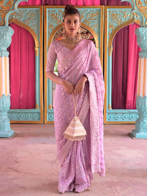 Rajwada Lavender Sequins Embroidered Georgette Saree with Unstitched Blouse for Women