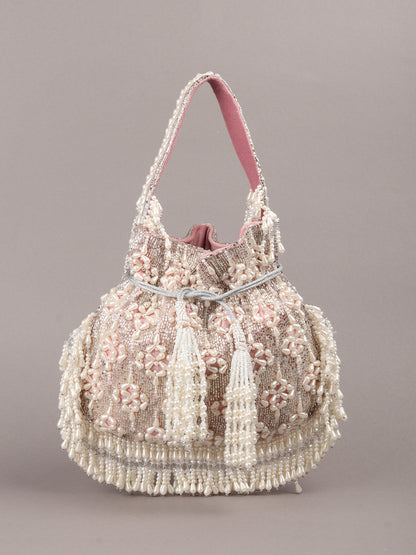 Rajwada Pink Embroidered Potli Bag with Tassels For Women