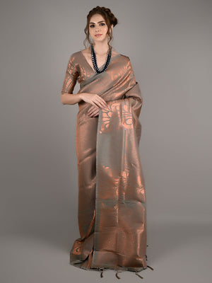 Grey Silk Blend Woven Saree With Unstitched Blouse