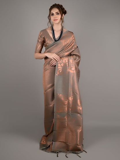 Grey Silk Blend Woven Saree With Unstitched Blouse