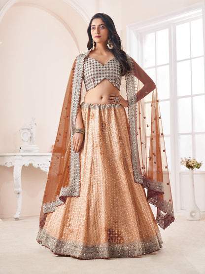 Rajwada Orange Shibori Crepe Embroidered Semi Stitched Lehenga With Unstitched Blouse for Women