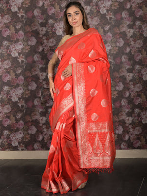 Rajwada Red Silk Blend Brocade Saree with Unstitched Blouse for Women
