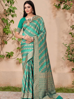 Rajwada Teal Woven Banarasi Silk Saree With Unstitched Blouse For Women