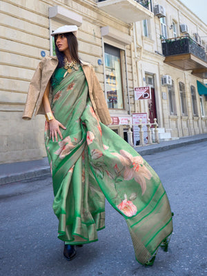 Rajwada Green Satin Printed Saree With Unstitched Blouse For Women