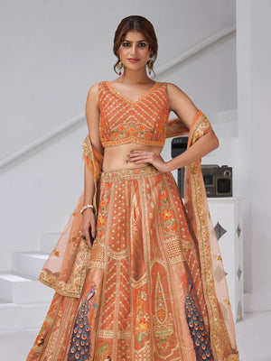 Rajwada Rust Silk Blend Embroidered Semi-Stitched Lehenga For Women