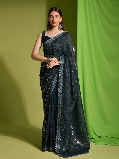 Rajwada Dark Green Embellished Georgette Saree With Unstitched Blouse For Women