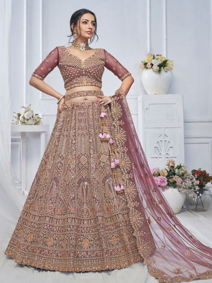 Rajwada Mauve Soft Net Embroidered Semi-Stitched Lehenga With Unstitched Blouse For Women