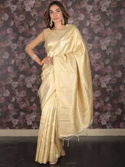 Rajwada Off White Gold Thread Woven Silk Blend Saree with Unstitched Blouse for Women