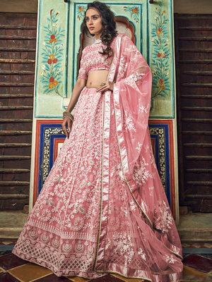 Rajwada Women Pink Embroidered Soft Net Semi Stitched Lehenga With Unstitched Blouse