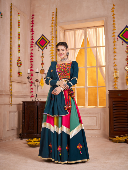 Rajwada Multicolor Viscose Cotton Embroidered Semi-Stitched Lehenga Choli For Women