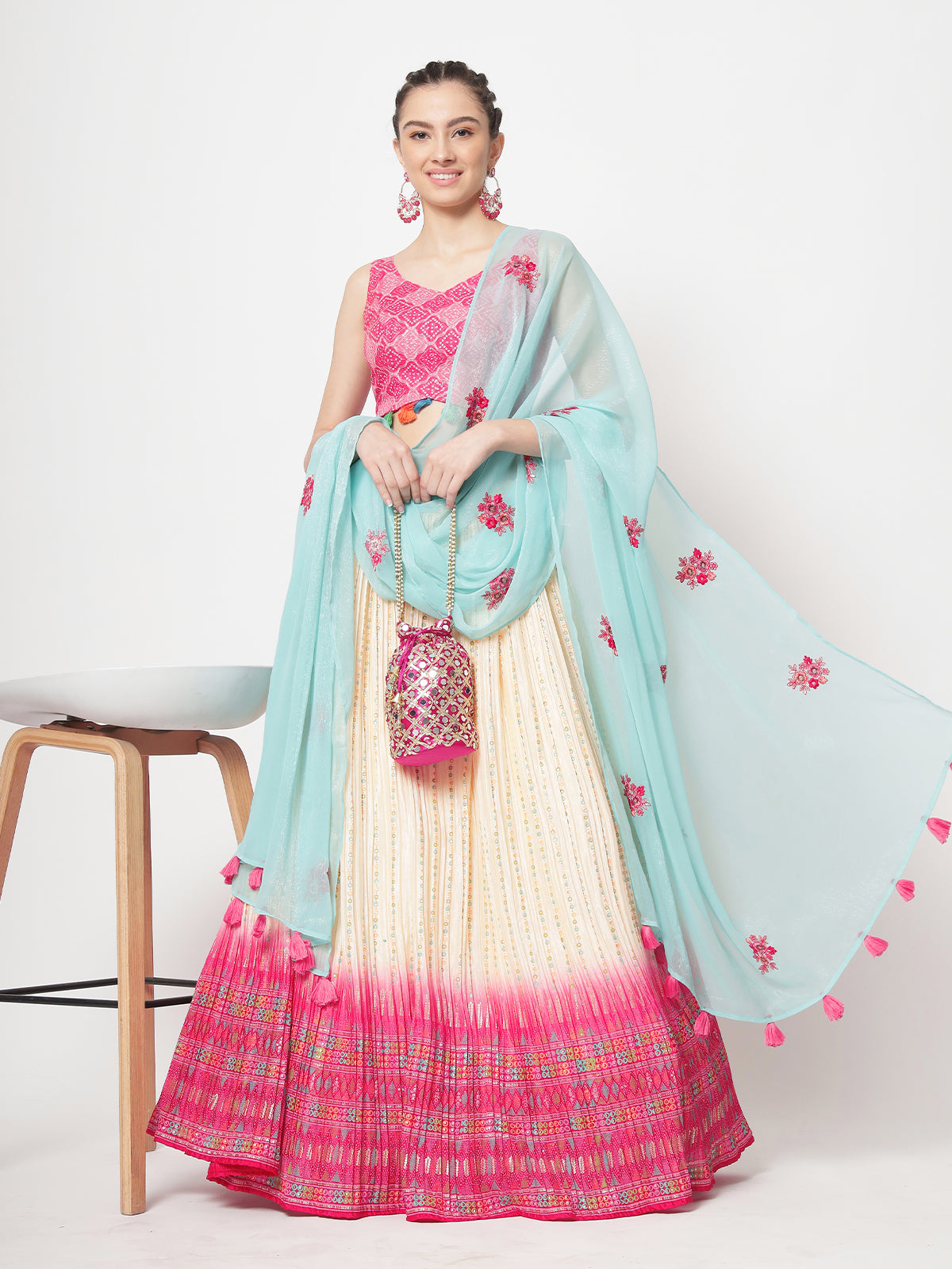 Rajwada - Beautiful Off White and Pink Lehenga Choli Set