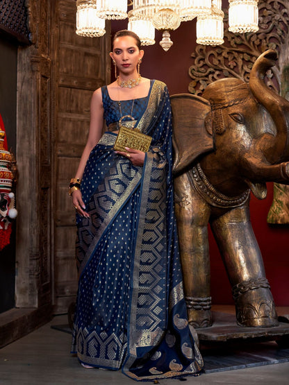Rajwada Dark Blue Satin Woven Saree With Unstitched Blouse For Women
