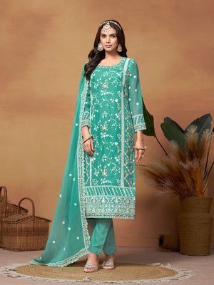 Rajwada Sea green Embroidered Semi Stitched Kurta Set  For Women