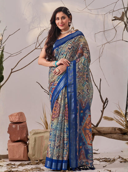 Rajwada Blue Linen Cotton Printed Saree For Women