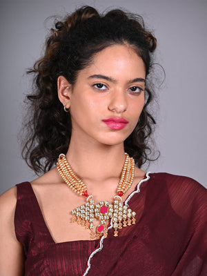 Rajwada Red Kundan Golden Multilayered Necklace Set For Women