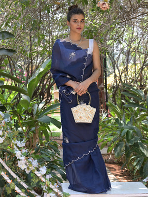 Rajwada Navy Blue Beads Embroidered Khadi Organza Saree with Unstitched Blouse for Women