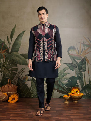 Rajwada Black Viscose Silk Embroidered Stitched Kurta For Men