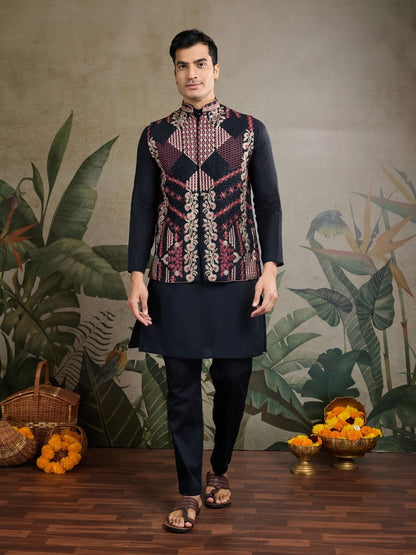 Rajwada Black Viscose Silk Embroidered Stitched Kurta For Men