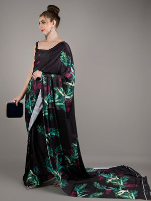 Black Soft Crepe Leaf Print Saree With Unstitched Blouse