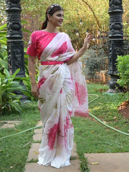 Rajwada Off White Floral Printed Soft Organza Saree with Unstitched Blouse for Women