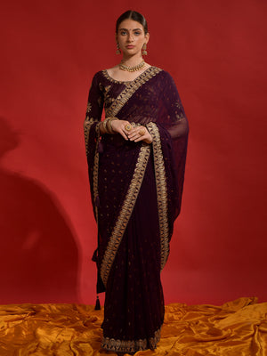 Rajwada Wine Embroidered Georgette Saree With Unstitched Blouse For Women