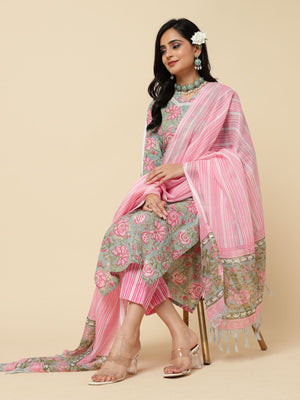 Rajwada Pink Cotton Blend Printed Stitched Kurta Set For Women