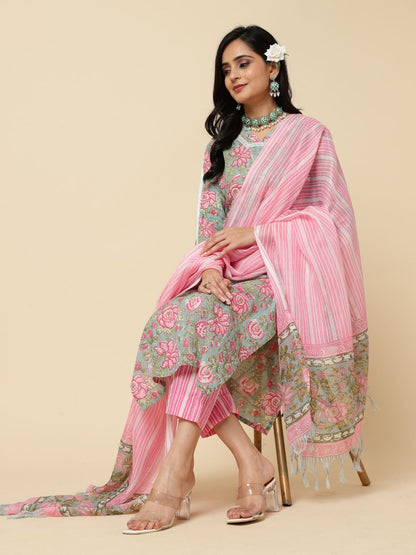 Rajwada Pink Cotton Blend Printed Stitched Kurta Set For Women