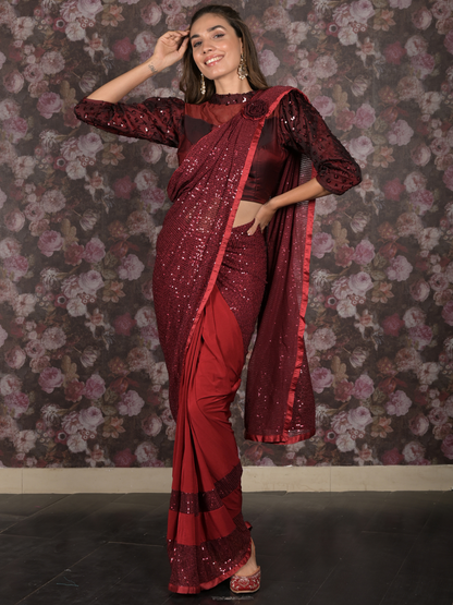 Rajwada Maroon Sequins Embroidered Ready-to-Wear Lycra Saree with Stitched Blouse for Women