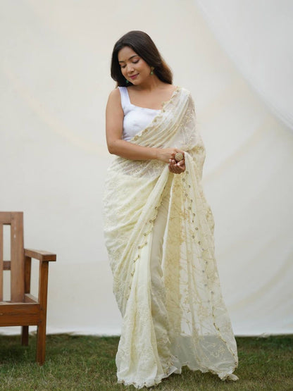 Rajwada Lime Georgette Embroidered Saree With Unstitched Blouse For Women